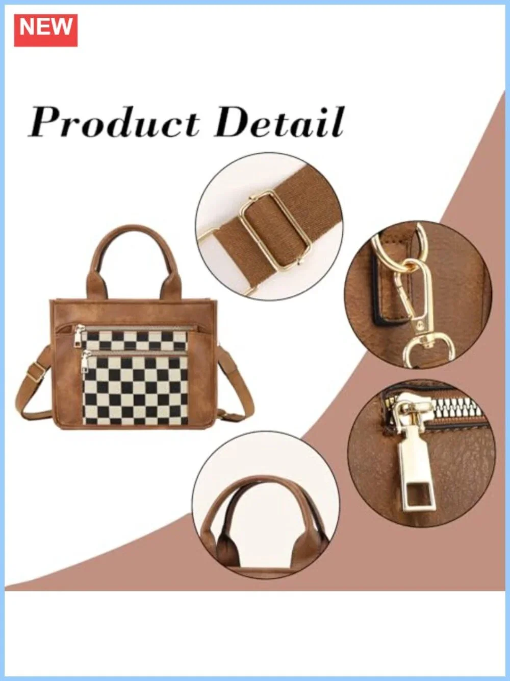 Vegan Leather Checkered Crossbody Bag with Adjustable Strap